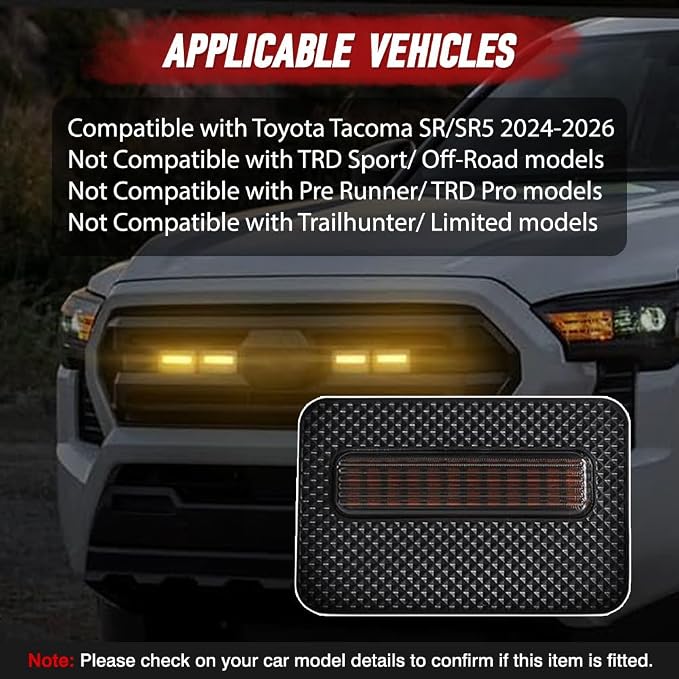 4 LED Grille Lights with Wire Harness and Fuse, LED Front Grill Light, Compatible with Toyota Tacoma SR/SR5 2024-2026, 1 Set (Smoked Black Cover)