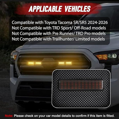 4 LED Grille Lights with Wire Harness and Fuse, LED Front Grill Light, Compatible with Toyota Tacoma SR/SR5 2024-2026, 1 Set (Smoked Black Cover)