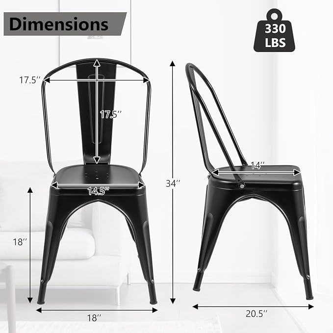 COSTWAY Stackable Metal Dining Chairs Set of 4 with Back, Indoor & Outdoor | Black, Industrial Vintage Style, Breathable Seat, High Backrest, for Dining Room, Kitchen, Bar, Cafe, Bistro, Restaurant