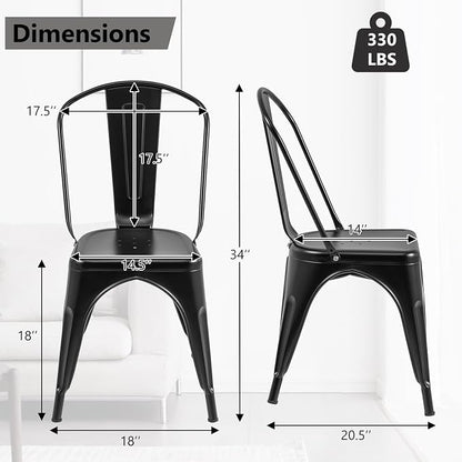 COSTWAY Stackable Metal Dining Chairs Set of 4 with Back, Indoor & Outdoor | Black, Industrial Vintage Style, Breathable Seat, High Backrest, for Dining Room, Kitchen, Bar, Cafe, Bistro, Restaurant