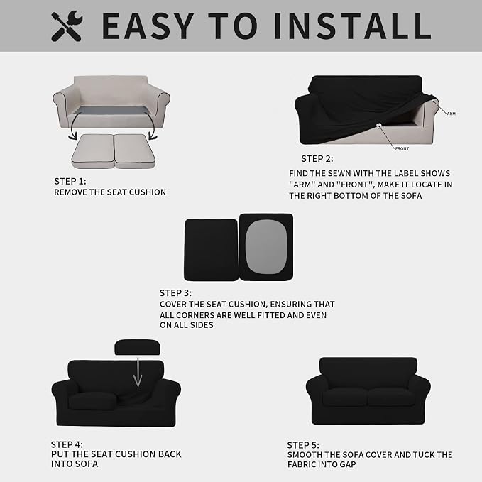 ISSUNTEX 3 Pieces High Stretch Thicken Loveseat Couch Covers, Soft Sofa Slipcover for 2 Separate Cushion Couch, Jacquard Fabric Elastic Sofa Cover Furniture Protector for Dogs (Loveseat, Black)
