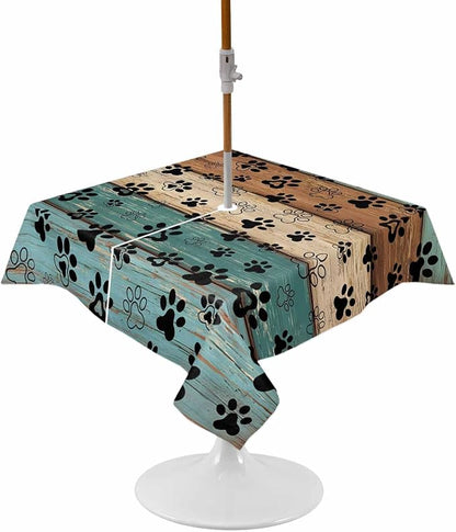 Dog Paw Print Outdoor Tablecloth - 54x54 Inch Square Dining Table Cover, Rustic Teal Brown Beige Wooden Farmhouse Waterproof Outdoor Table Cloth with Umbrella Hole & Zipper for Picnic/Patio/Party