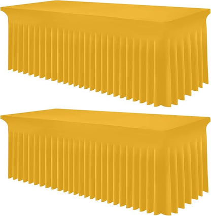 Smiry 2 Pack Spandex Elastic Fitted Table Cloth Skirt for 8FT Table | Stretch Washable Table Cloth, Banquet Table Cover for Wedding, Party, Indoor & Trade Shows, (Mustard Yellow, 96Lx30Wx30H)