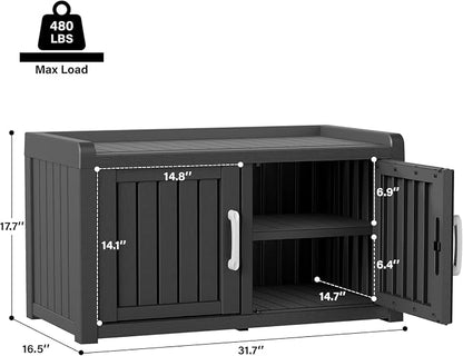 Outdoor Shoe Storage Bench with 2 Doors, Waterproof UV-Resistant Resin Cabinet, Entryway Organizer for Porch, Hallway, Black
