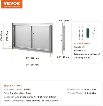 VEVOR Double BBQ Access Door, 34W x 19H Inch Stainless Steel Flush Mount Vertical Wall Door with Handles for BBQ Island, Grilling Station, Outside Cabinet