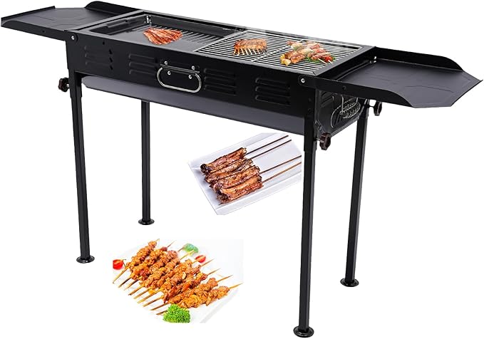 Portable Charcoal Grill Stainless Steel Folding BBQ Grill Camping Barbecue Grill, 308 sq.in Cooking Area, w/ 2 Grill Grids & 2 Folded Trays for Garden Backyard Party Picnic Outdoor Cooking Use