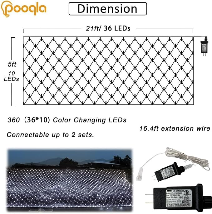Pooqla Cool White Net Lights, 21x 5ft Christmas Lights Outdoor Clear Wire | 360 LED Large Net Mesh Lights Plug in, 8 Modes Waterproof Connectable Bushes Lights for Christmas Hedge Yard Decor