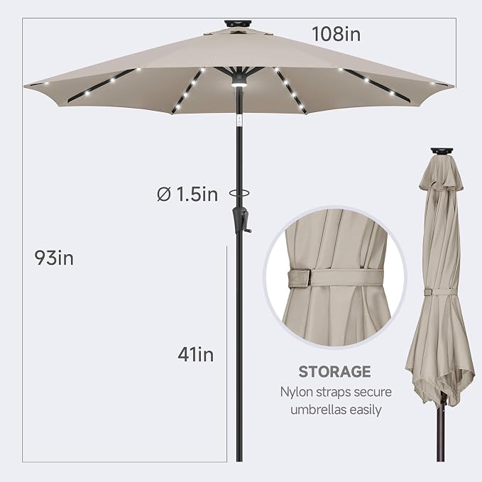 FLAME&SHADE Solar Patio Umbrella with a Centre Light, 9 FT Taupe | 40 LED Lights, UV Protection, Waterproof, Porch Deck Outdoor Umbrella for Pool, Backyard, Garden, Provides Evening Lighting