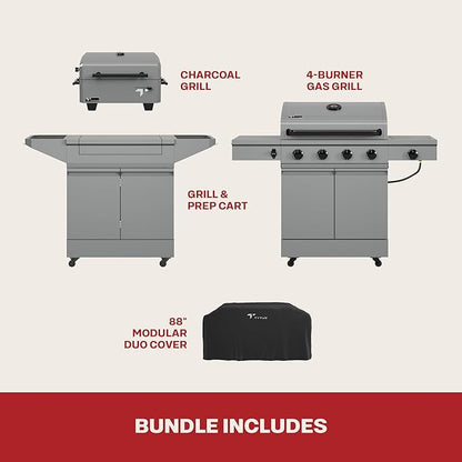 Tytus Anaheim 4-Burner Gas Grill with Prep Cart and Charcoal Grill + Cover - Modular Outdoor Kitchen, Quick Assembly, Outdoor Cooking, Kitchen Island for BBQ