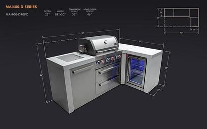 Mont Alpi 82"W x 50"D Deluxe Stainless Steel L-shaped Modular Outdoor Kitchen Island + Infrared Side Burner + Refrigerator + 32"W 4-Burner BBQ Grill + Granite Countertops + Storage Cabinets & Drawers