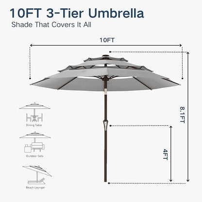 10FT Patio Umbrella 3 Tiers Outdoor Market Umbrella w/Push Button Tilt, Crank, UV and Waterproof Table Umbrella for Garden, Pool, Backyard, Deck, Lawn, Light Gray