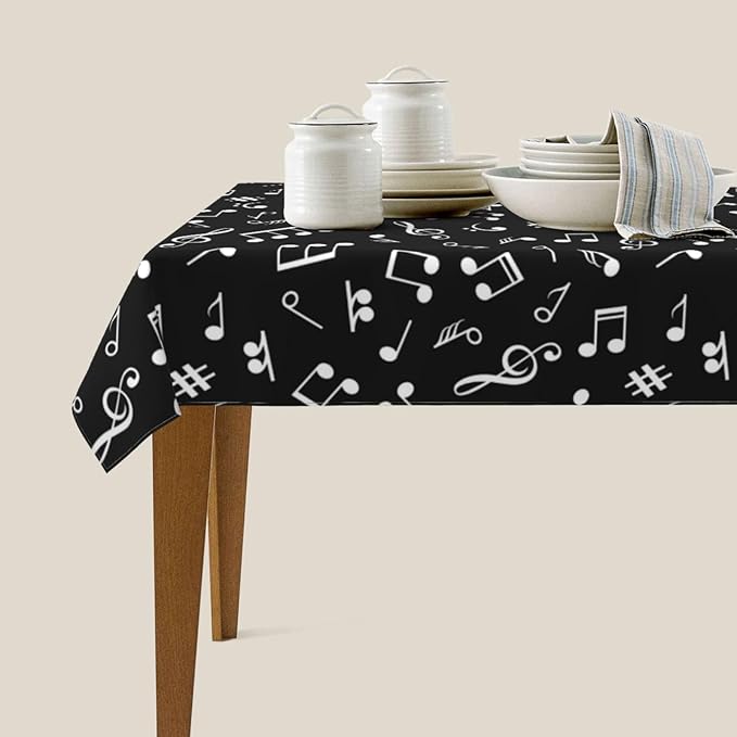 Music Notes Tablecloth Washable Rectangle 54"x72" Kitchen Dinner Picnic Parties Birthday Table Cloth Home Decoration for All Seasons Musicial Table Cover, Black