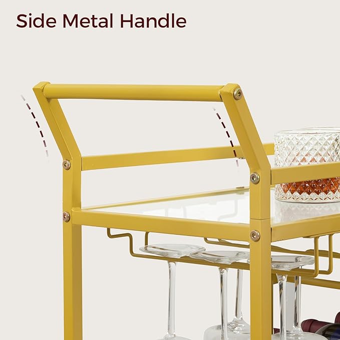 MAHANCRIS Bar Cart for Home, 3-Tier Serving Cart with Glass Top, Beverage Cart with Wine Rack and Glass Holder, Drink Cart with Wheels, for Dining Room, Living Room, Gold and White RCJM71B01