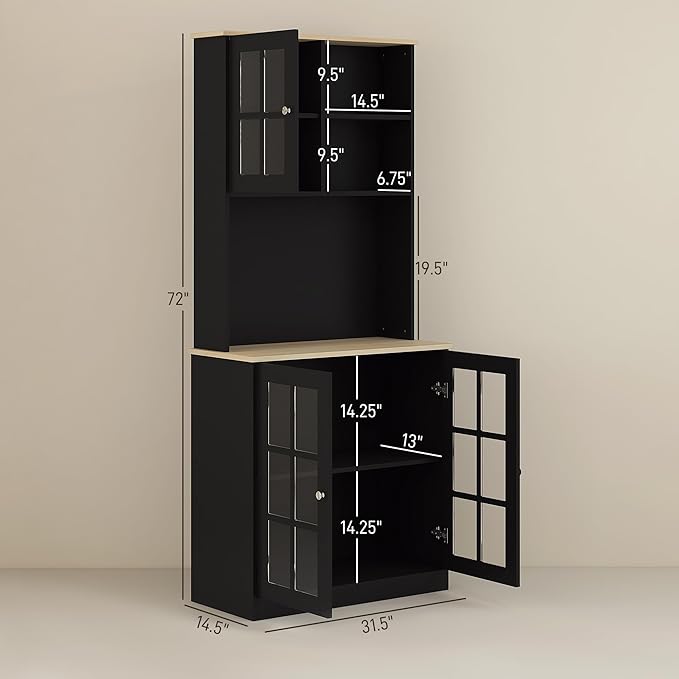 HOMCOM Kitchen Pantry Storage Cabinet, 72" Freestanding Cabinet with Hutch, Large Countertop, Glass Doors and Adjustable Shelves for Dining Room, Black