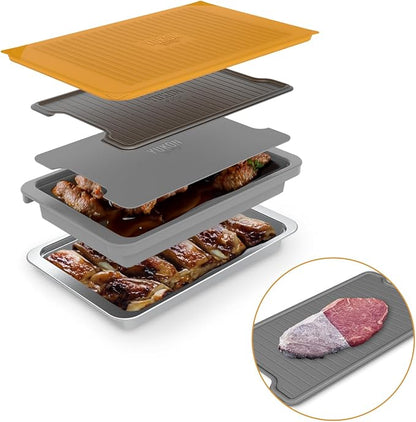 5-Piece BBQ Prep and Serve Set with Marinade Tray | Stainless serving tray, aluminum defrost board, cutting board, snap-on lid, marinade tray.