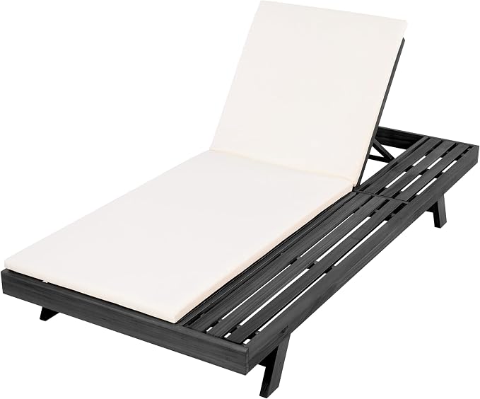 Christopher Knight Home Dami Patio Chaise Lounge Chair Outdoor with 2-Thick Cushion, Acacia Wood Poolside Sun Lounger with Space Available On One Side, Adjustable Backrest Pool Lounger, Black + Cream
