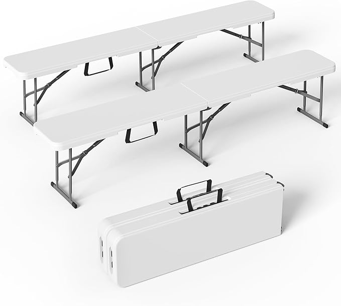 VSOAEIL 6 Foot Folding Bench 2 Pack, Foldable Plastic Bench Indoor Outdoor | 6 Feet Portable Bench Seating with Handle and HDPE Tabletop - Party, Dining, Picnic, Camping, Sports, Temporary Events, White