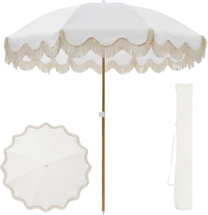 7.5FT Boho Patio Umberlla with Fringe,UPF50+ Outdoor Umbrella with Fiberglass Ribs and Push Button Tilt,Tassels Umbrella for Beach,Terrace,Picnic
