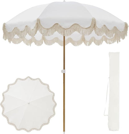 7.5FT Boho Patio Umberlla with Fringe,UPF50+ Outdoor Umbrella with Fiberglass Ribs and Push Button Tilt,Tassels Umbrella for Beach,Terrace,Picnic
