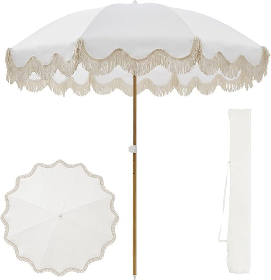 7.5FT Boho Patio Umberlla with Fringe,UPF50+ Outdoor Umbrella with Fiberglass Ribs and Push Button Tilt,Tassels Umbrella for Beach,Terrace,Picnic
