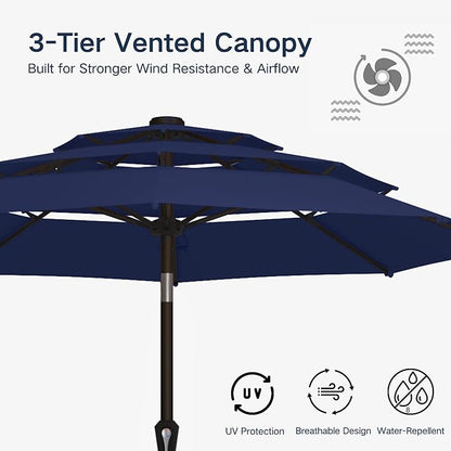 10FT Patio Umbrella 3 Tiers Outdoor Market Umbrella w/Push Button Tilt, Crank, UV and Waterproof Table Umbrella for Garden, Pool, Backyard, Deck, Lawn, Navy Blue