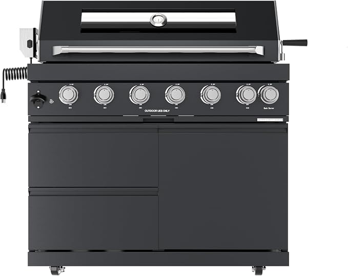94" 6-Burner 85000 BTU Deluxe Outdoor Kitchen Island,304 Stainless Steel Modular LPG BBQ Grill Combination With Granite Countertops, Canopy, Refrigerator and Sink (94"-Black with Canopy, Propane Gas)