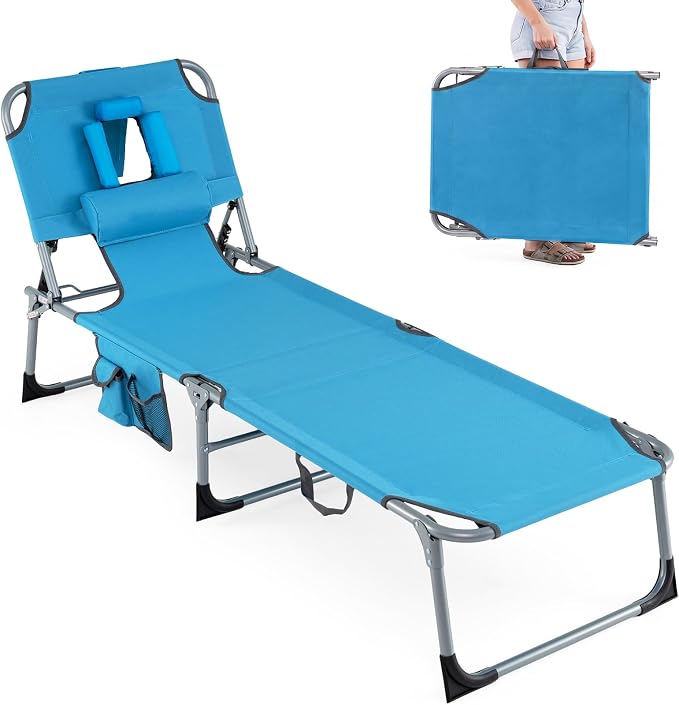 Goplus Tanning Chair, Folding Beach Lounge Chair with Face &Arm Hole, Position Adjustable,Removable Pillow,Side Pocket, Sunbathing Chair, Portable Outdoor Lounge Chair for Patio Pool