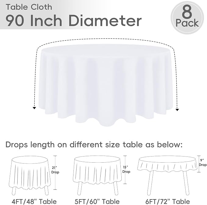 8 Pack White Round Tablecloth 90 Inch | For 3Ft-5Ft Round Table, Wrinkle Resistant Table Cloth, Washable Polyester Fabric, For Wedding Party Banquet Buffet Camping