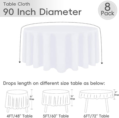 8 Pack White Round Tablecloth 90 Inch | For 3Ft-5Ft Round Table, Wrinkle Resistant Table Cloth, Washable Polyester Fabric, For Wedding Party Banquet Buffet Camping