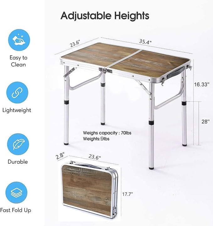 YUFIFAIRY Aluminum Camp Table, 36''L x24''W Folding Table Portable | Lightweight Foldable, Storage Net, Carry Handle, 2 Adjustable Height16"/28", For Indoor, Outdoor, Cooking, Picnic, Wood Grain