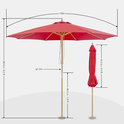 9FT/10FT Wood Patio Umbrella, Large Outdoor Table Pool Umbrella | 205G Olefin/180G Polyester Fabric, Push-Pull Operation Market Umbrella, 8 Rib Vented Canopy, Ideal for Patio, Backyard