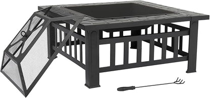 VINGLI 32in Wood Fire Pit with Mesh Lid and Fire Poker, Portable Outdoor Fireplace Burning FirePit for Chrismas Backyard Patio Outside Picnic BBQ Party