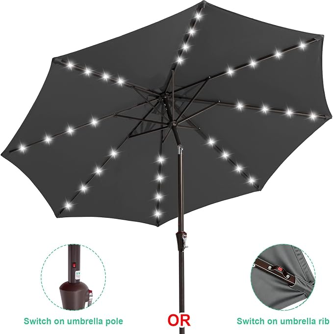 JEAREY 9FT Outdoor Patio Umbrella with Solar Lights, LED Lighted Pool Umbrella with Tilt and Crank, Outdoor Table Umbrellas for Deck, Yard & Market (Grey)