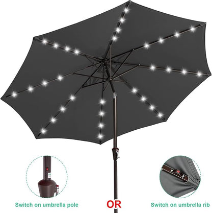 JEAREY 9FT Outdoor Patio Umbrella with Solar Lights, LED Lighted Pool Umbrella with Tilt and Crank, Outdoor Table Umbrellas for Deck, Yard & Market (Grey)