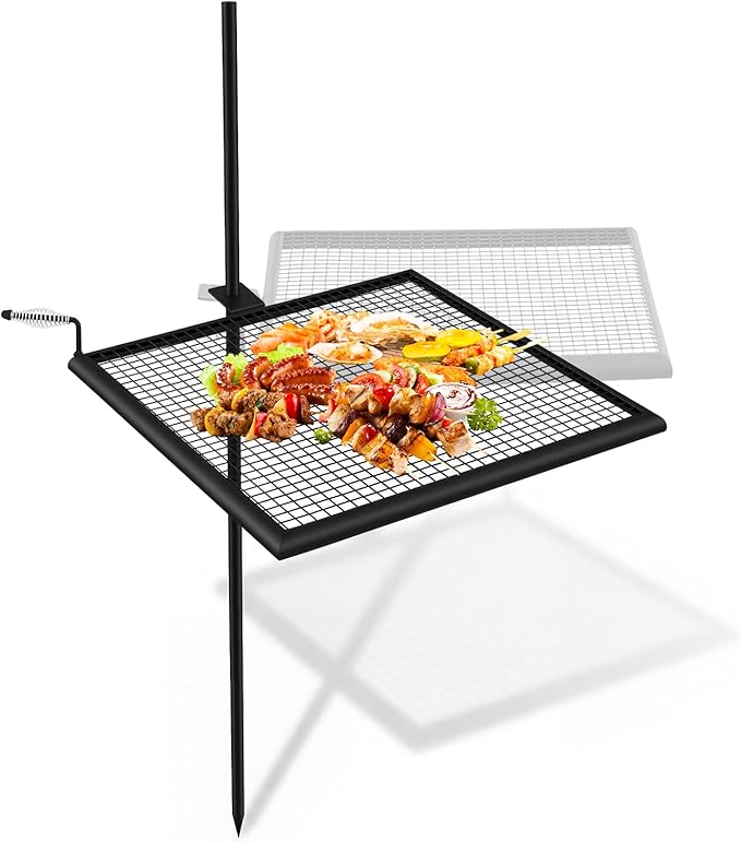 24" x 24" Fire Pit Campfire Grill Grate Campfire Grill Portable Open Fire Cooking Heavy-duty Foldable Camping Cooking Barbecue Rack Easy Setup & Adjustable Height for Outdoor BBQ