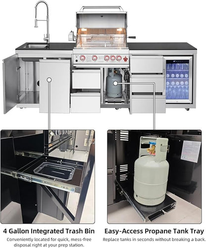 BBQ Outdoor Kitchen Island Grill Barbecue Modular Patio Kitchens Kits with Electric Rotisserie, Sink, fridge, and Burner for More than 10 People