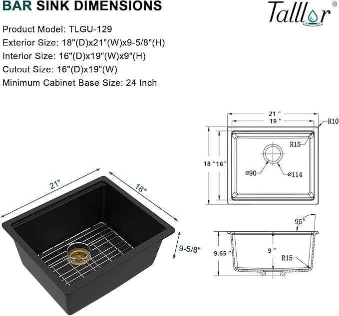 21x18 Inch Undermount Bar Sink Workstation - Matte Black Granite Composite Single Bowl Classic Quartz Under Counter Wet Prep Sink for Kitchen Bar, RV, Boat, and Outdoor #TLGU-129