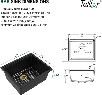 21x18 Inch Undermount Bar Sink Workstation - Matte Black Granite Composite Single Bowl Classic Quartz Under Counter Wet Prep Sink for Kitchen Bar, RV, Boat, and Outdoor #TLGU-129