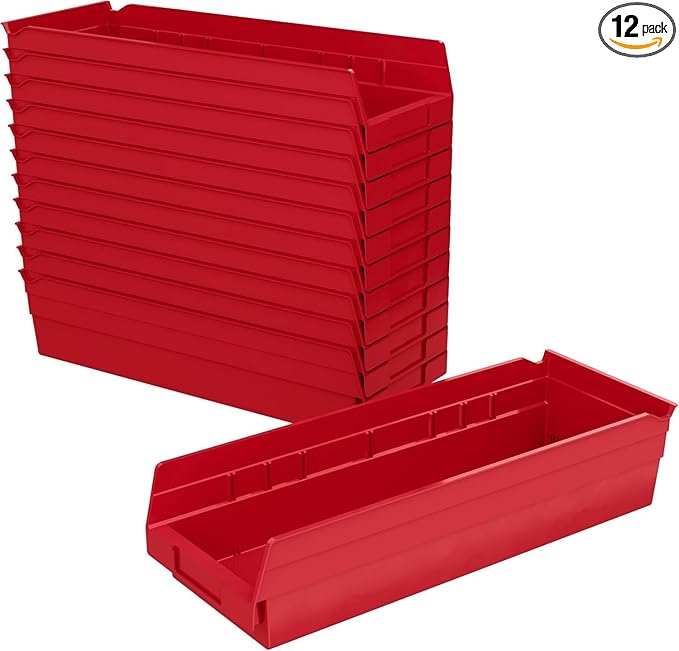 Akro-Mils 30138 Heavy Duty Plastic Shelf Bins, 18"x 6.5"x 4", Red, 12-Pk | Heavy Duty Nesting Storage Bins for Garage, Closet, Refrigerator, Kitchen, Cabinet, Drawer Organization, Pantry Organization