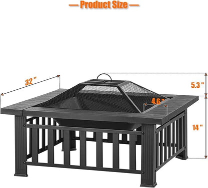 EcoNook 32 inch Fire Pit, Square Outdoor Fire Pit Table with Spark Screen & Fire Poker, 3-in-1 Multipurpose Firepits for Outside, Fireplace for Yard, Garden, Patio