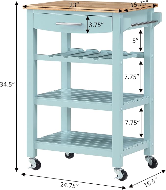 Convenience Concepts Ellaine Butcher Block Kitchen Cart 24.75" - 4 Tier Kitchen Island with Storage Drawer, Dining Room Wine Rack on Wheels, Coffee Station Table, Mobile Utility Trolley, Sea Foam