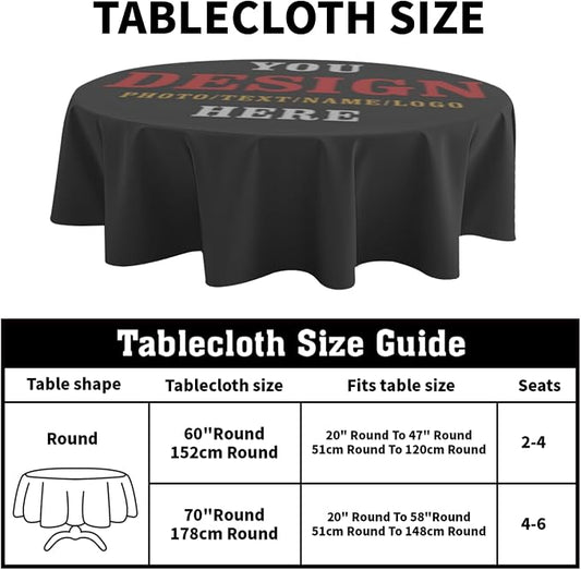 Sweetshow Custom Table Cloth Round Personalized Design Logo Picture Image Text Tablecloth 60 Inch Decor Washable Stain and Wrinkle Round Table Cover for Dining Picnic Birthday