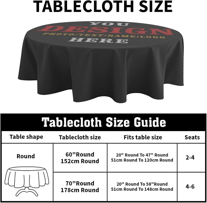 Sweetshow Custom Table Cloth Round Personalized Design Logo Picture Image Text Tablecloth 70 Inch Decor Washable Stain and Wrinkle Round Table Cover for Dining Picnic Birthday
