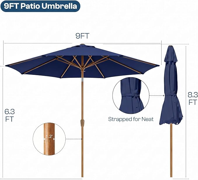 9ft Outdoor Patio Umbrella, Market Table Umbrella with Crank and Easy Push Button Tilt, Wood Grain Frame, UPF 50+ for Pool, Garden, Deck, Backyard