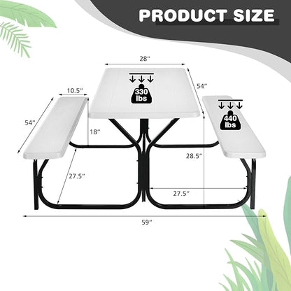 COSTWAY Outdoor Picnic Table, HDPE Plastic Picnic Table Bench Set | Weather Resistant Tabletop & Wood Texture, Ideal for Patio, Backyard (59" D x 54" W x 28.5" H,White)