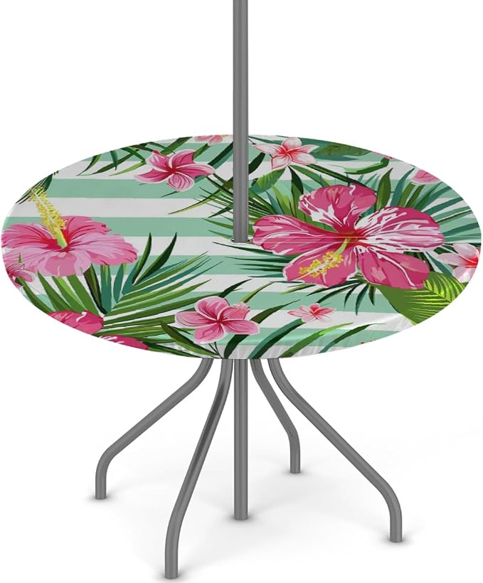 AUUXVA Round Outdoor Tablecloth with Umbrella Hole - Waterproof Patio Table Cover with Zipper Elastic Table Cloth Fits 36"-44" Tables for Party Cafe Garden Decor(Palm Leaf Flowers)