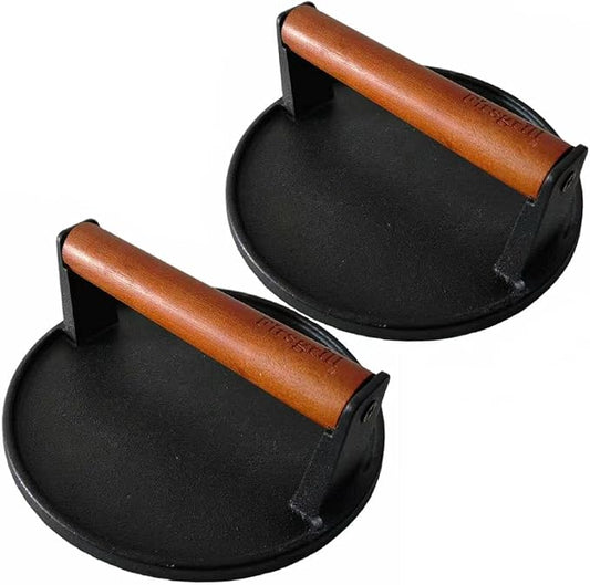 Firsgrill 2-Pack Burger Press 7.08" Round,Heavy-Duty Cast Iron Smash Burger Press Meat Steak with Wood Handle for Blackstone Camp Chef Pitboss Weber Griddle Grills (2 Round)
