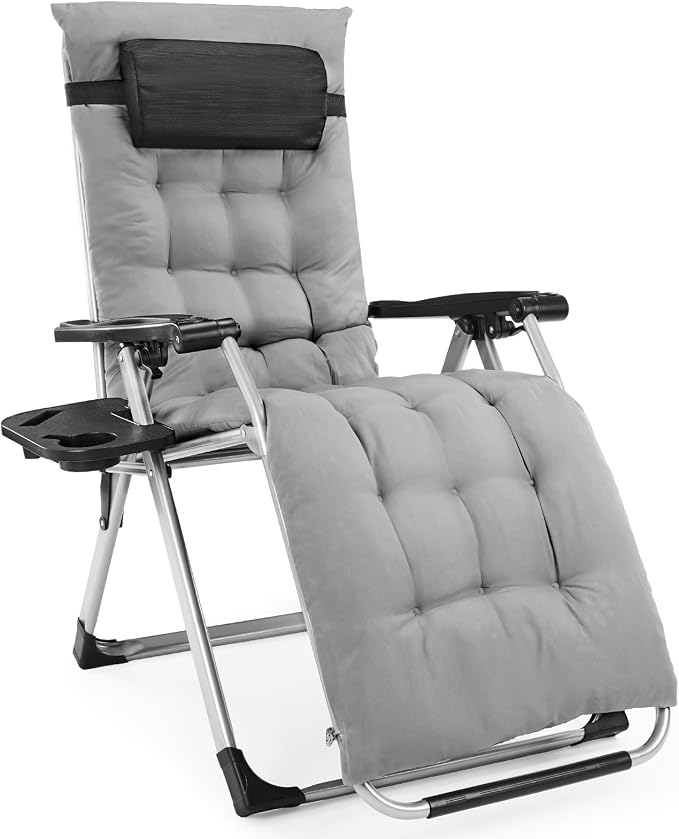 DUMOS Zero Gravity Chairs Set of 2, Lounge Chair Outdoor with Cup Holder | Folding Reclining Chairs for Indoor, Outside, Beach, Camping and Patio, Gray