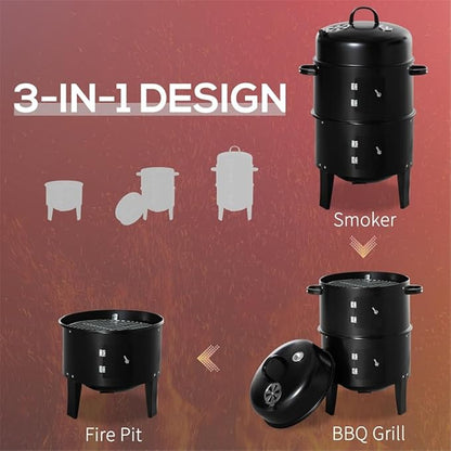3-in-1 Portable Charcoal Grill & Smoker – Heavy-Duty 304 Stainless Steel BBQ Grill with Adjustable Vents, Built-in Thermometer, Double-Tier Cooking for Camping & Backyard (Black)