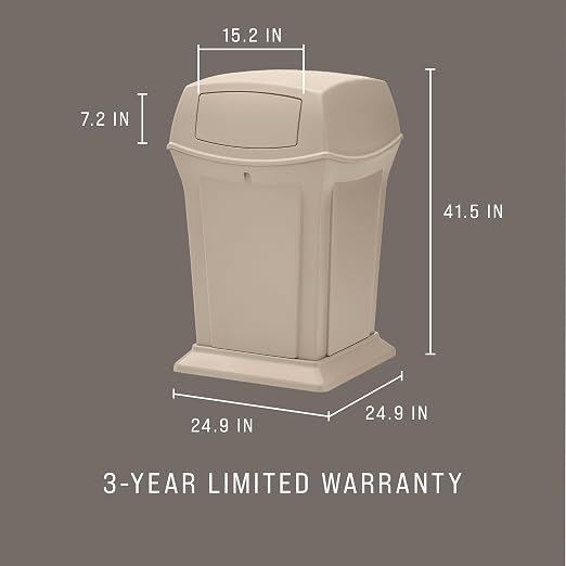 Rubbermaid Commercial Products Ranger Trash Can with 2 Door Lid, 45 GAL, Biege Plastic, Outdoor for Stadiums/Parks/Shopping Plazas